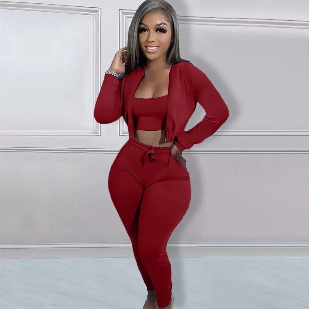 CM.YAYA Women Sportwear Fashion 3 - piece Set Outfits Hooded Track Jacket + Tank + Jogger Pants Suit Active Tracksuit Sweatsuit - EverHype