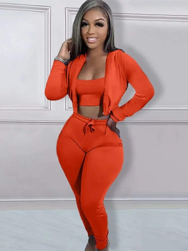 CM.YAYA Women Sportwear Fashion 3 - piece Set Outfits Hooded Track Jacket + Tank + Jogger Pants Suit Active Tracksuit Sweatsuit - EverHype