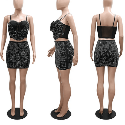 Diamond Rhinestone Midi Skirt & Strap Crop Top Set - 2 - Piece Sexy Party Outfit | EverHype 2026 - EverHype