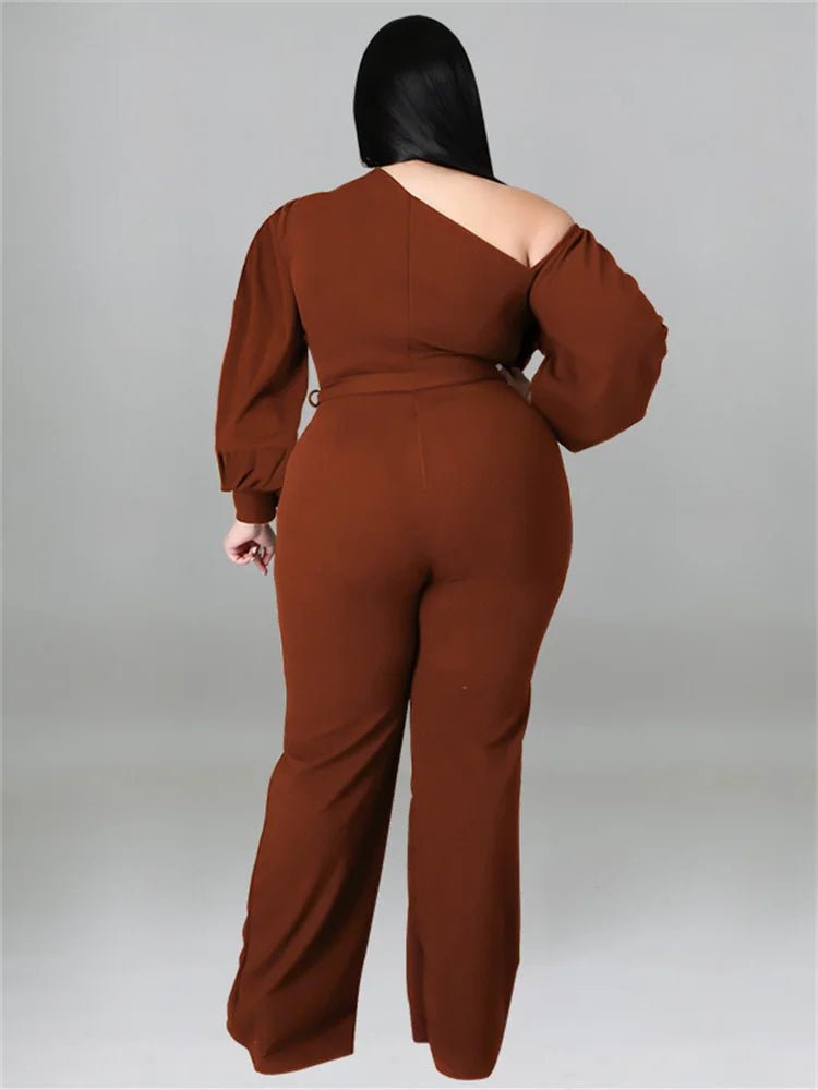 Plus Size Off - Shoulder Jumpsuit - Solid Color Romper with Sashes | Fall Office Lady - EverHype