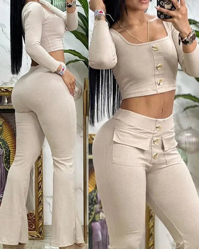 Women's 2 - Piece Flared Pants Set - Square Neck Top & High - Waist Pants | Summer Outfit - EverHype