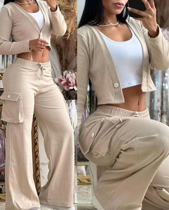 Women's 2 - Piece Cargo Set - Cardigan Top & Cargo Pants Outfit | Spring & Autumn - EverHype