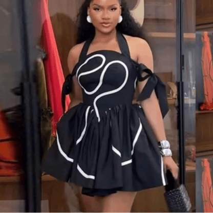 Bowknot Halter Neck Geometric Striped Swing Dress - Streetwear Party Dress | EverHype 2026 - EverHype