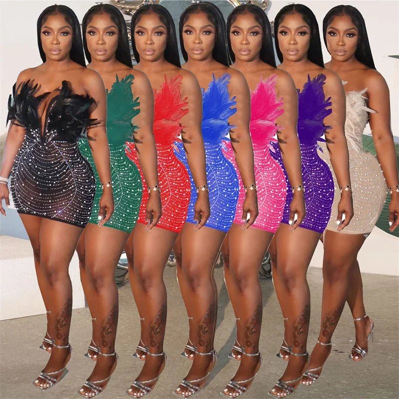 Sexy Feather Rhinestone Dress - Backless Diamond Mesh Bodycon | Birthday Party - EverHype