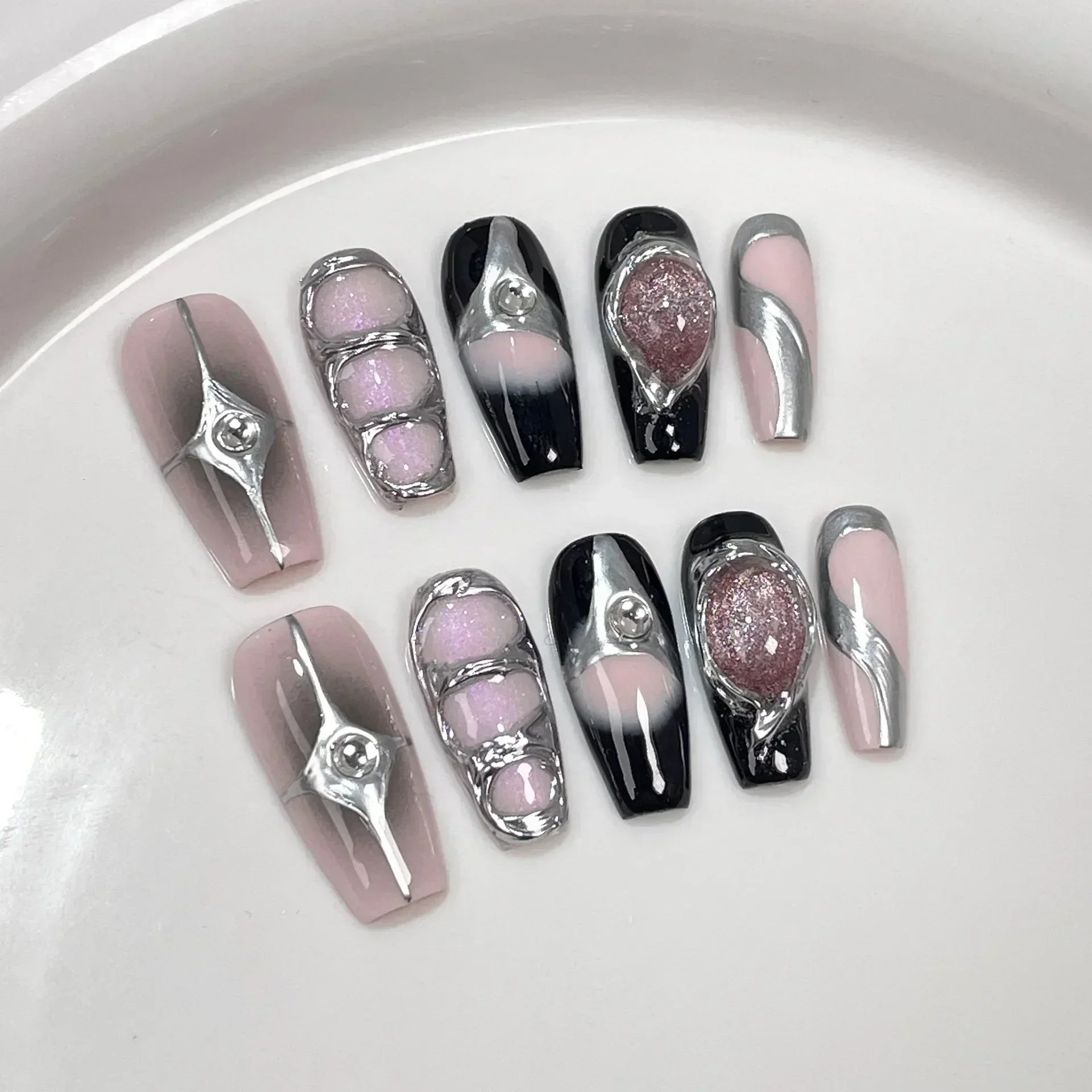 10Pcs Black Handmade Press On Nails Coffin Fake Nails Full Cover Gradient Metal Contrast Artificial Manicure Wearable Nail Tips - EverHype