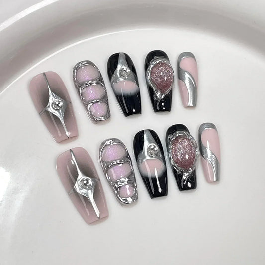 10Pcs Black Handmade Press On Nails Coffin Fake Nails Full Cover Gradient Metal Contrast Artificial Manicure Wearable Nail Tips - EverHype