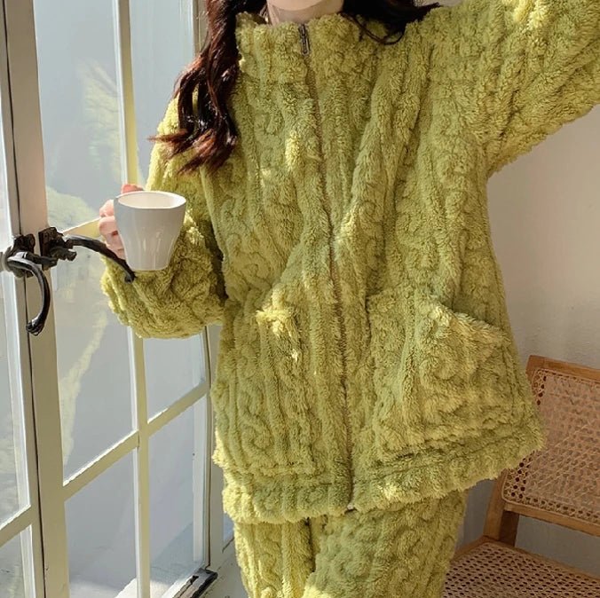 Women's Fuzzy Teddy 2 - Piece Set - Zip - Up Top & Pants Outfit | Autumn Loungewear - EverHype