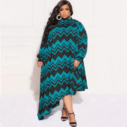 L - 4XL 2022 Fall Plus Size Women Stripe Printing Long Sleeve Irregular Dresses Loose Casual Lady Clothing Dropshipping Wholesale - EverHype
