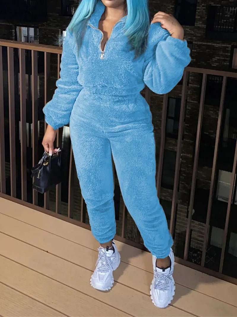 Winter New Plush Two Piece Set Casual Home Warm Suit For Women Fashion Zipper Lapel Pullover Top Elastic Waist Trousers Suit - EverHype