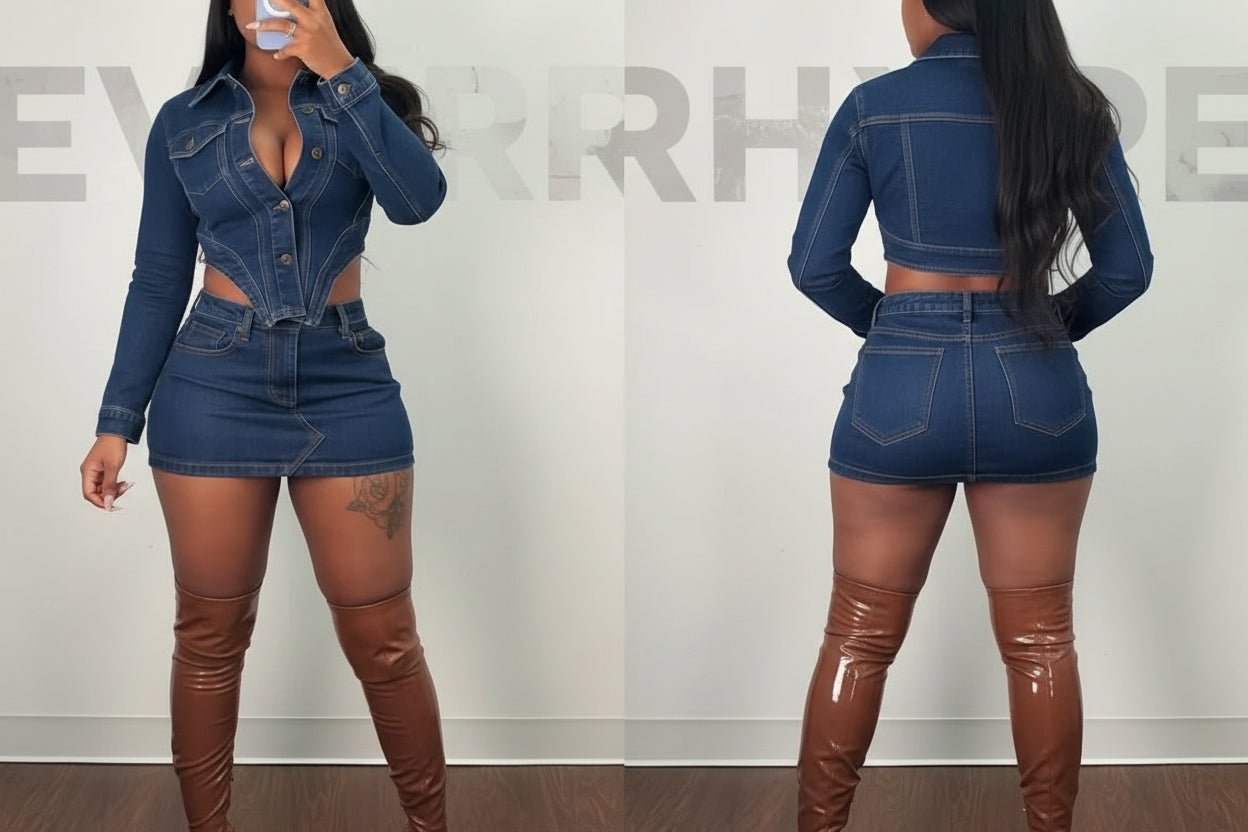 Denim 2 - Piece Set - Patchwork Crop Jacket & Skirt Outfit for Women - EverHype