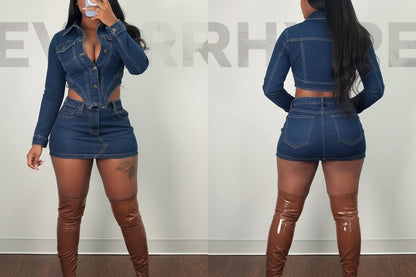 Denim 2 - Piece Set - Patchwork Crop Jacket & Skirt Outfit for Women - EverHype