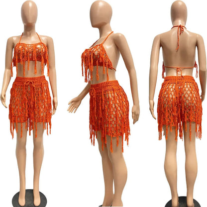Women's Crochet Beach Set - See - Through Knit Fringed 2 - Piece | Summer Vacation Outfit - EverHype