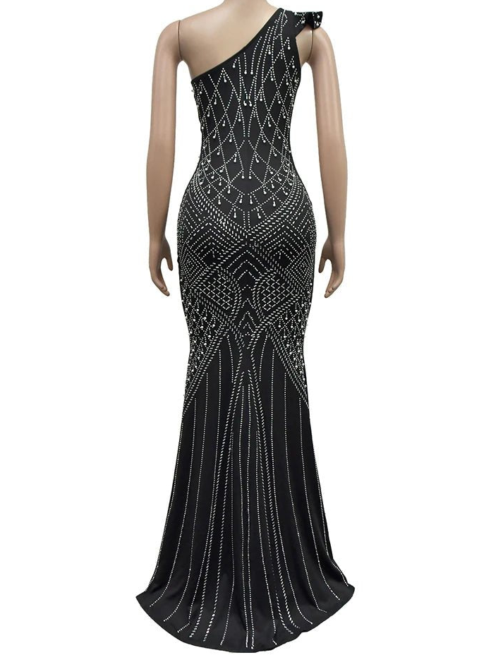 Rhinestone Evening Dress - Diagonal Collar Sleeveless Maxi | Luxury Party Dress - EverHype