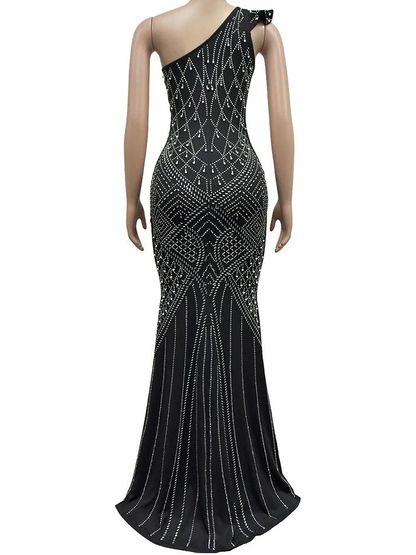 Rhinestone Evening Dress - Diagonal Collar Sleeveless Maxi | Luxury Party Dress - EverHype