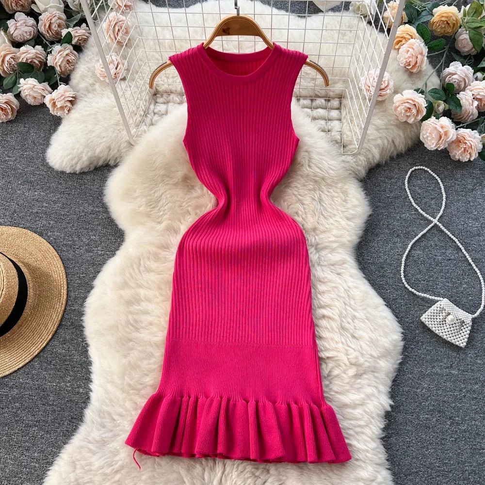 Summer Knitted Bodycon Sexy Dress 2026 O Neck Sleeveless Ruffled Party Sundress High Street Elastic Slim Short Dress - EverHype