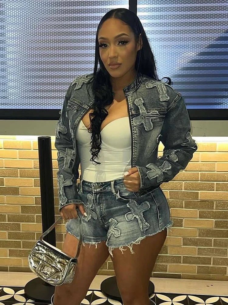 Denim 2 - Piece Set - Y2K Zip Jacket & Shorts Matching Outfit for Women - EverHype