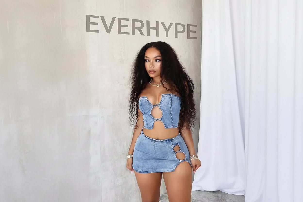 Denim 2 - Piece Set - Strapless Top & Mini Skirt Matching Outfit for Women - EverHype