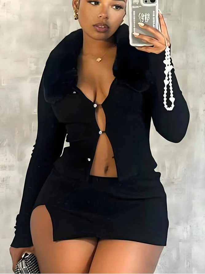 BKQU Sexy Fur Collar Hollow Crop Top Mini Skirt Women 2 Piece Set Autumn Elegant Knitted Bodycon Nightclub Dress Outfits 2024 - EverHype