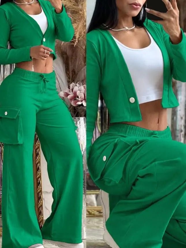 Women's 2 - Piece Cargo Set - Cardigan Top & Cargo Pants Outfit | Spring & Autumn - EverHype