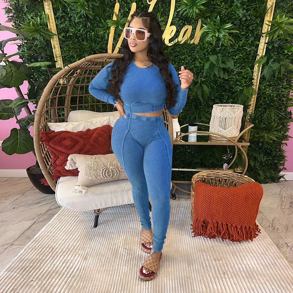 CM.YAYA Knit Ribbed Women's Set Long Sleeve T-shirt and Legging Pants 2023 Fashion Fitness Yoga Two 2 Piece Set Outfit Tracksuit - EverHype