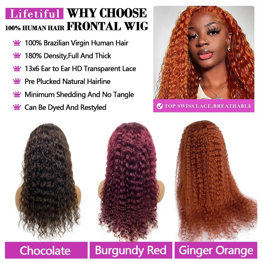 30 Inch Chocolate Brown Lace Front Wigs Human Hair Brazilian Water Wave Ginger Burgundy 13x6 HD Lace Frontal Human Hair Wig - EverHype