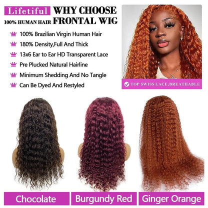 30 Inch Chocolate Brown Lace Front Wigs Human Hair Brazilian Water Wave Ginger Burgundy 13x6 HD Lace Frontal Human Hair Wig - EverHype