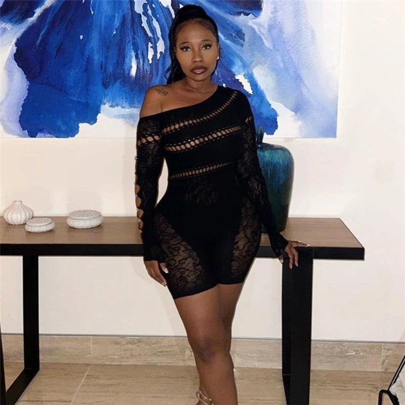 Sexy Women's See Through Bodycon Short Pants Party Club Romper Jumpsuits Sheer Lace Mesh Clubwear Jumpsuit Rompers - EverHype