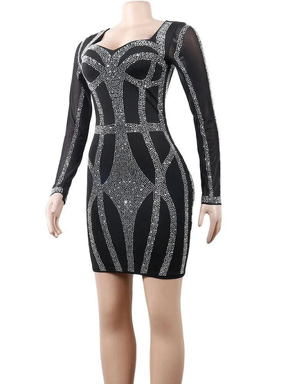 Beyprern Women's Sparkle Black Rhinestone Bodycon Mini Dress Mesh Sleeve Sequins Night Dresses Special Occasion Outfits - EverHype