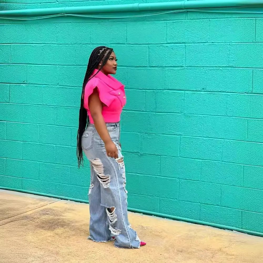 Jeans Women Long Pants Elegant Splice Denim Pant Slim Fit Sexy Hole High Waist Button Pocket Straight Trousers Summer 2024 - EverHype