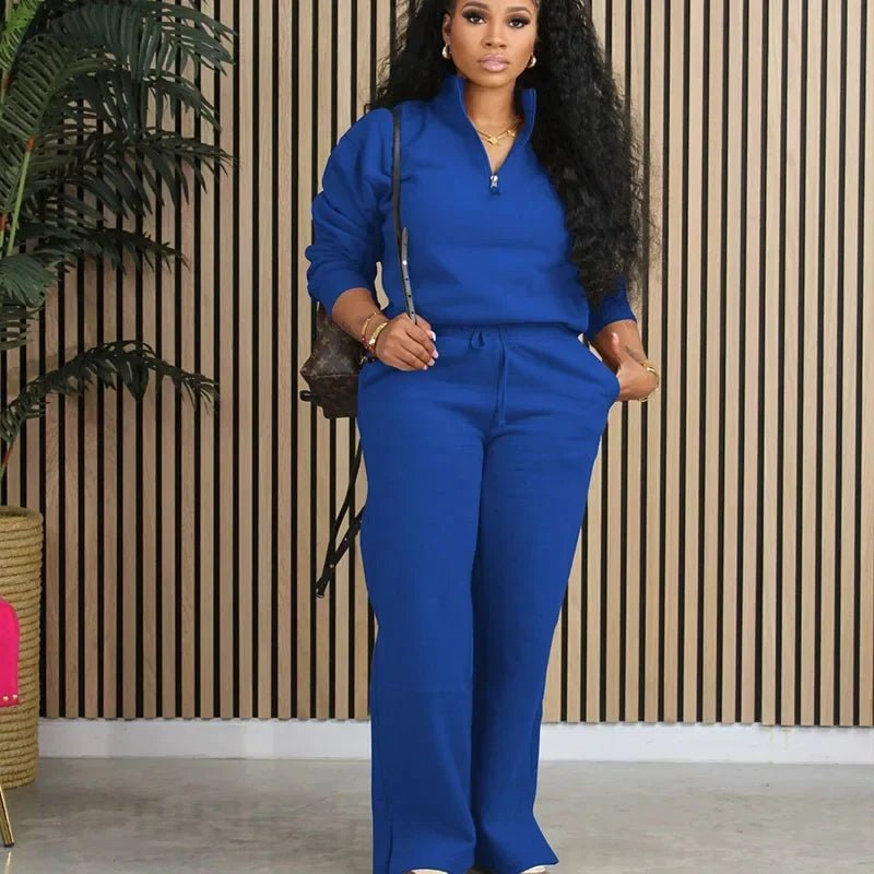 Solid Casual Tracksuit Women 2 Piece Set Outfit Sportwear Long Sleeve Sweatshirt Top and Wide Leg Pants Sweatsuits Matching Sets - EverHype