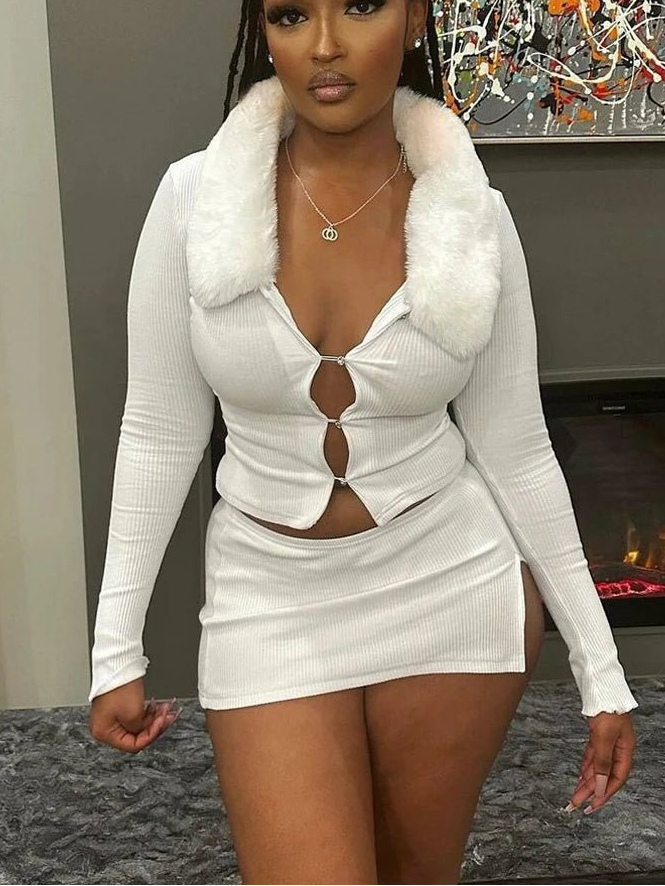 BKQU Sexy Fur Collar Hollow Crop Top Mini Skirt Women 2 Piece Set Autumn Elegant Knitted Bodycon Nightclub Dress Outfits 2024 - EverHype