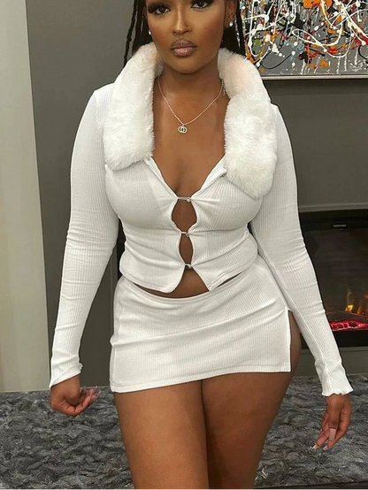 BKQU Sexy Fur Collar Hollow Crop Top Mini Skirt Women 2 Piece Set Autumn Elegant Knitted Bodycon Nightclub Dress Outfits 2024 - EverHype