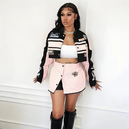 HLJ Letter Print Two Piece Outfits 2023 Autumn Winter Casual Sporty Baseball Coat Skirts Suits Detachable Buttons Y2k Streetwear - EverHype