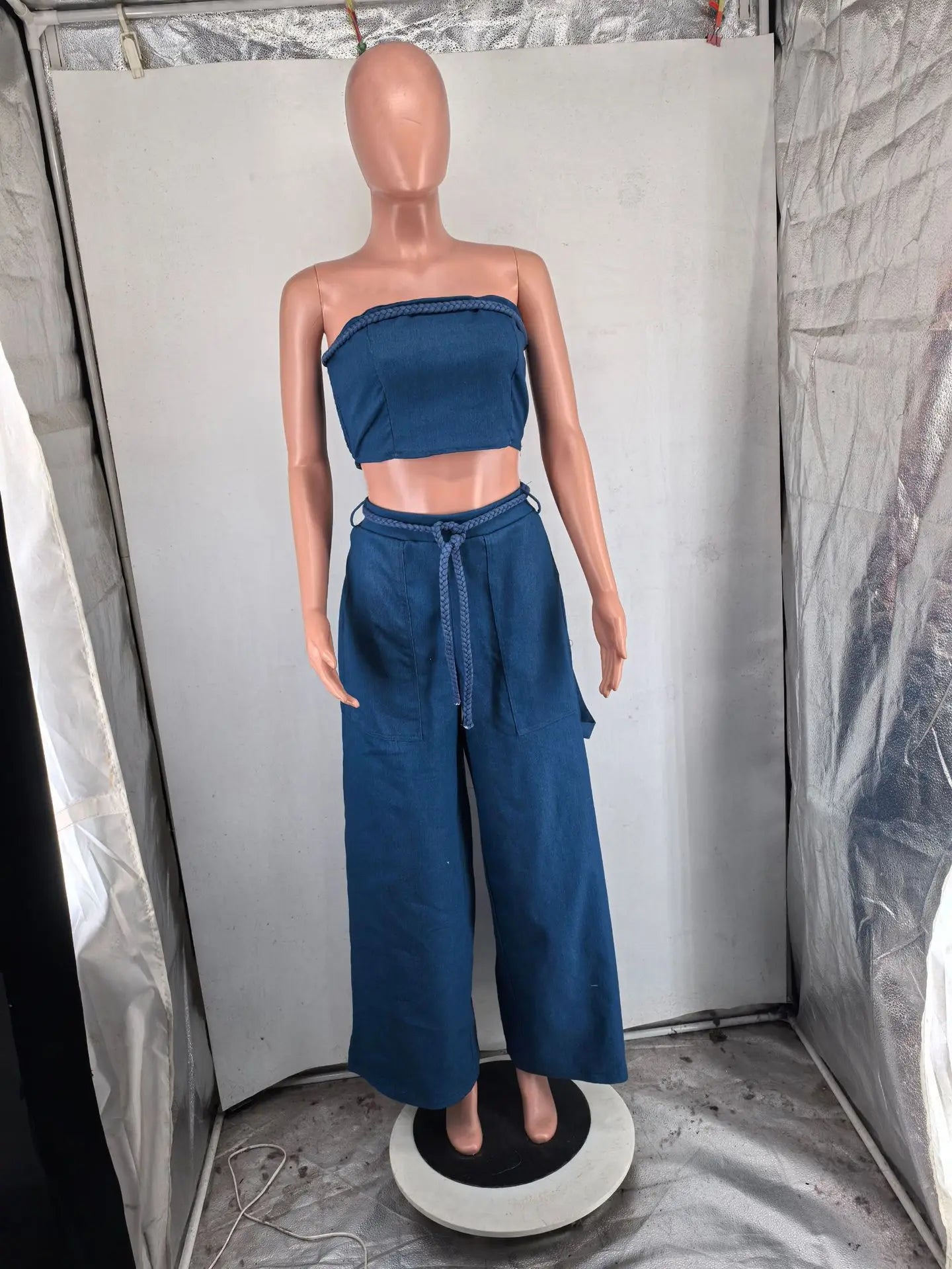 Women's Denim 2 - Piece Set - Strapless Crop Top & Wide Leg Jeans | Streetwear Outfit - EverHype