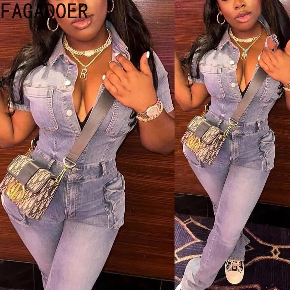 FAGADOER Blue Denim Jumpsuits Women Fashion Short Sleeve Lapel Cargo Pocket Stretchy Bodycon One Pieces Jeans Overall Streetwear - EverHype