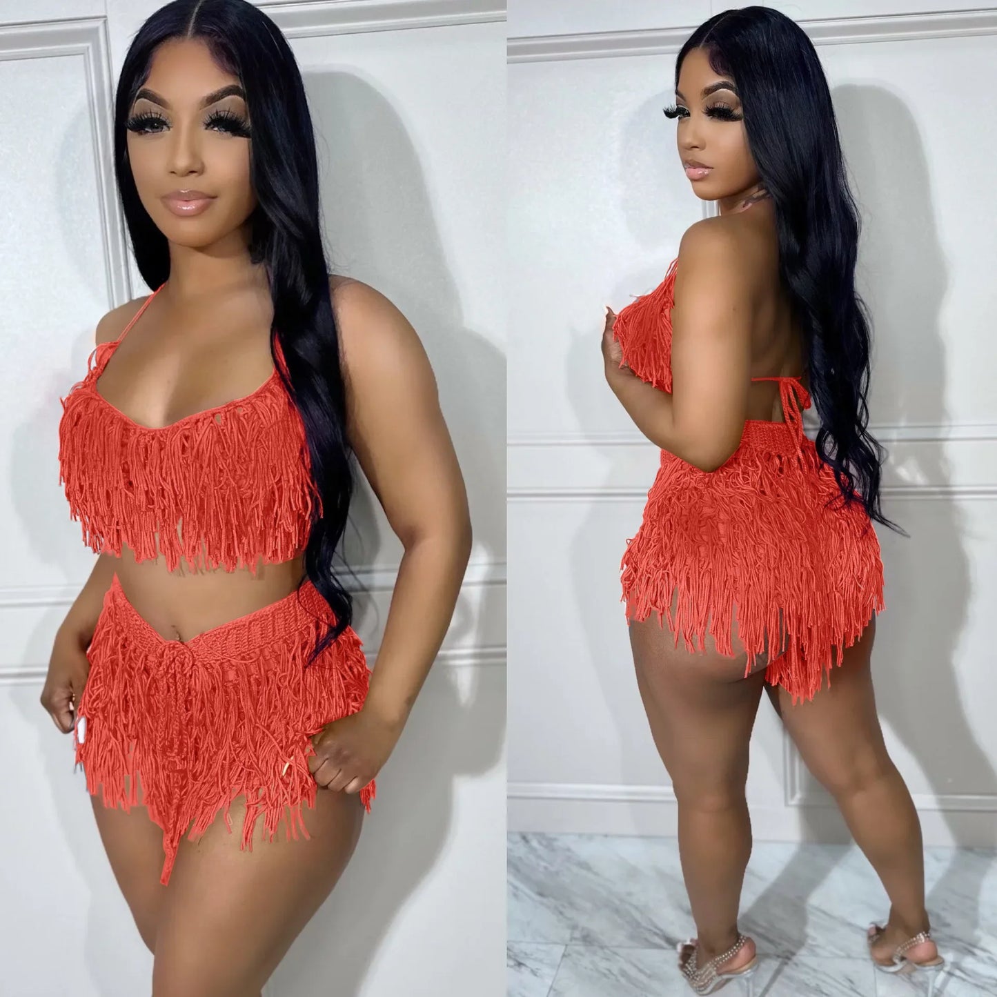 Women's Crochet Beach Set - See - Through Knit Fringed 2 - Piece | Summer Vacation Outfit - EverHype