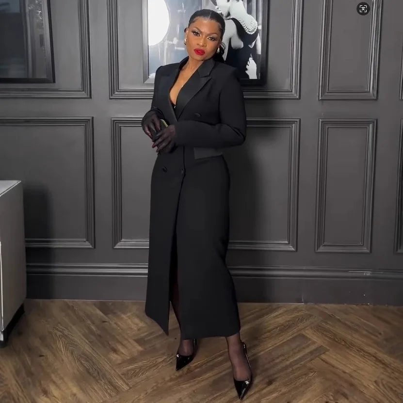 Plus Size Spring Autumn New Solid Color Matching V - Neck Long Sleeves Fashion Commuting Slim Fit Elegant Style Long Maxi Dress - EverHype