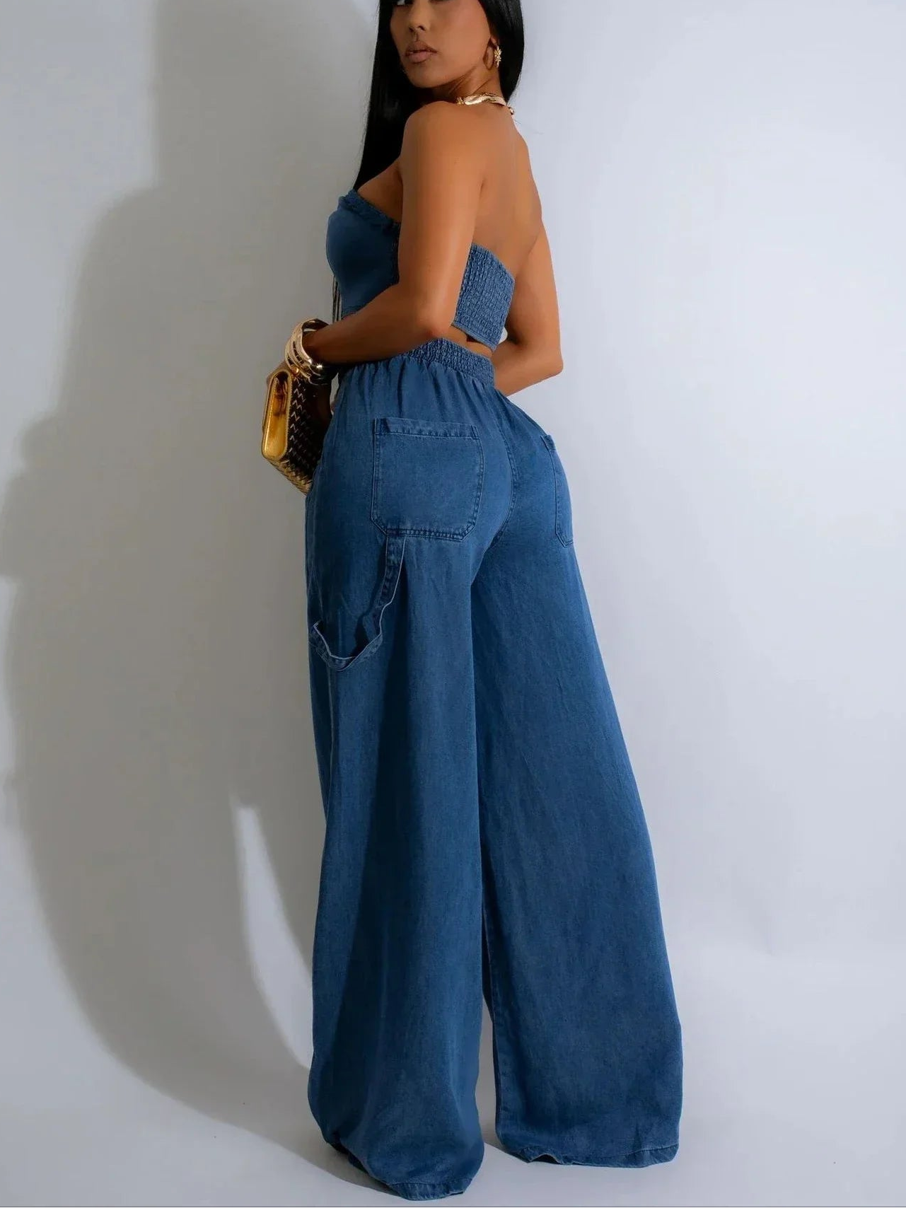 Women's Denim 2 - Piece Set - Strapless Crop Top & Wide Leg Jeans | Streetwear Outfit - EverHype