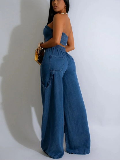 Women's Denim 2 - Piece Set - Strapless Crop Top & Wide Leg Jeans | Streetwear Outfit - EverHype