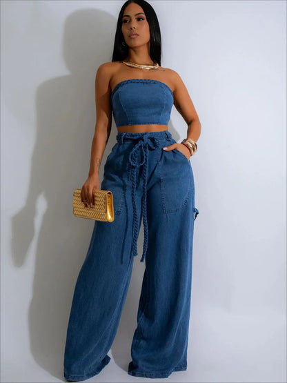 Women's Denim 2 - Piece Set - Strapless Crop Top & Wide Leg Jeans | Streetwear Outfit - EverHype