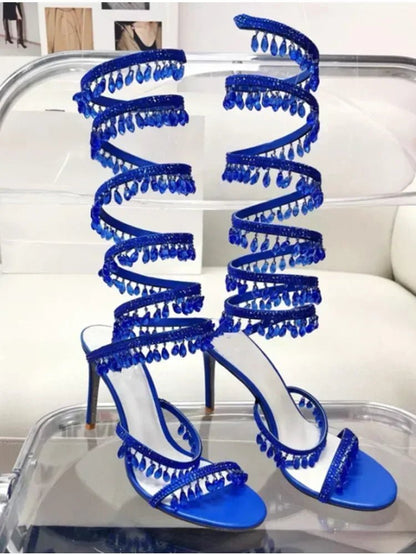 2025 Women's New Fashion Tassel Crystal Shoes Sexy Banquet Party Stiletto High Heels Women's Large Sandals Dance Shoes - EverHype