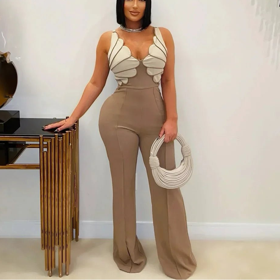 CM.YAYA Women V - Neck Backless Wide Leg Straight Sleeveless Jumpsuits 2025 Spring Patchwork Sexy One Piece Set Streetwear Outfits - EverHype