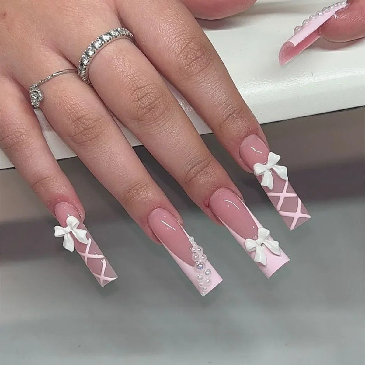 24Pcs French Tip Press On Nails Long Square Nude Pink Fake Nails Bow Charms Full Cover Stick On Nails For Women and Girls Wear - EverHype