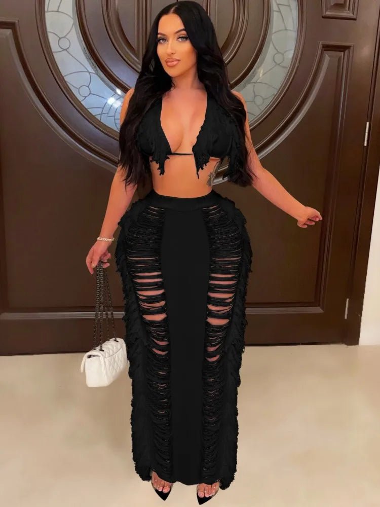 JRRY Sexy Women Knitted Set Two Pieces Set Halter Backless Bra Top Pants Crocheted 2 Pieces Set Hollow Out Crochet Beach Wear - EverHype