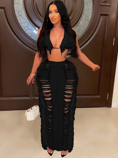 JRRY Sexy Women Knitted Set Two Pieces Set Halter Backless Bra Top Pants Crocheted 2 Pieces Set Hollow Out Crochet Beach Wear - EverHype