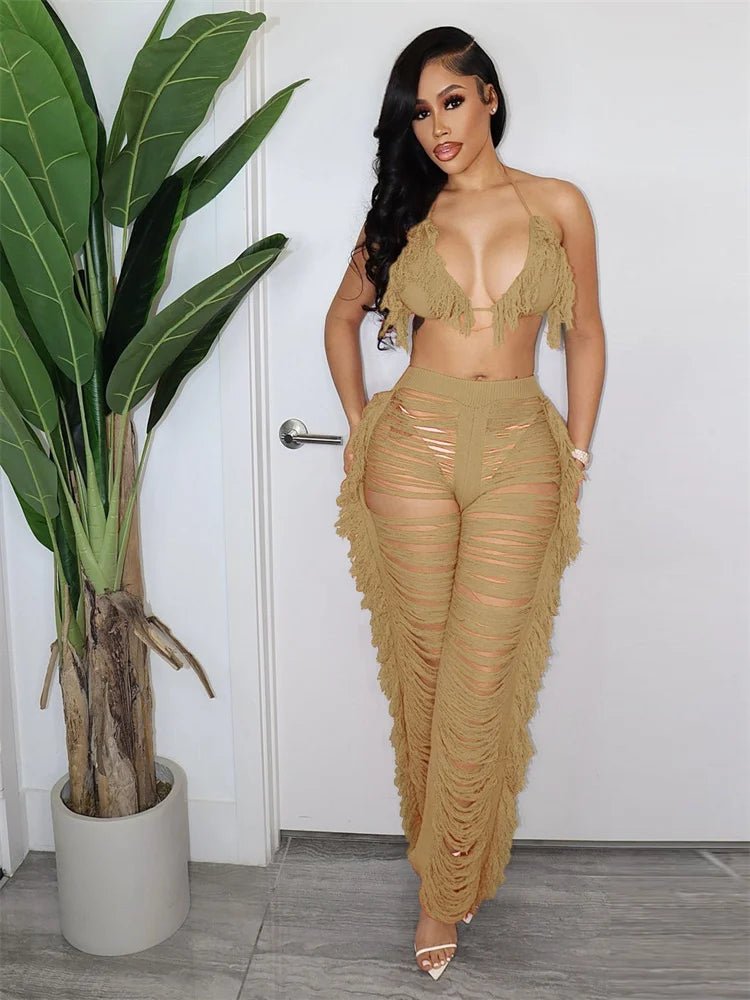 JRRY Sexy Women Knitted Set Two Pieces Set Halter Backless Bra Top Pants Crocheted 2 Pieces Set Hollow Out Crochet Beach Wear - EverHype