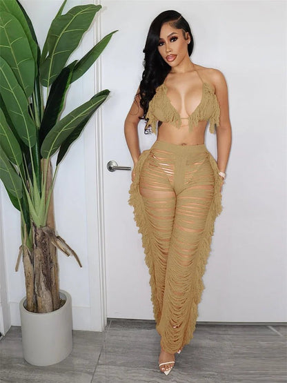 JRRY Sexy Women Knitted Set Two Pieces Set Halter Backless Bra Top Pants Crocheted 2 Pieces Set Hollow Out Crochet Beach Wear - EverHype