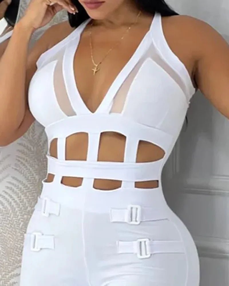 Women's Sexy Mesh Jumpsuit - Halter Buckled Contrast Sleeveless | Night Out Chic - EverHype