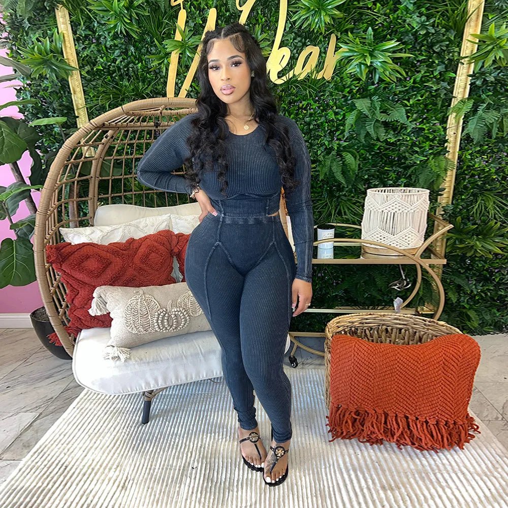 CM.YAYA Knit Ribbed Women's Set Long Sleeve T-shirt and Legging Pants 2023 Fashion Fitness Yoga Two 2 Piece Set Outfit Tracksuit - EverHype