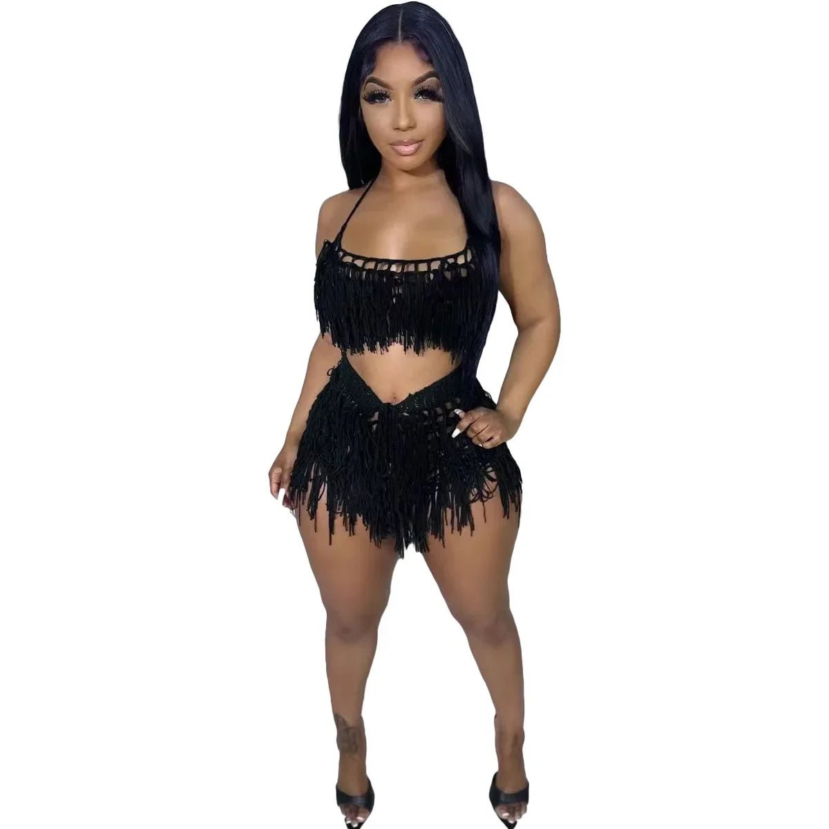 Women's Crochet Beach Set - See - Through Knit Fringed 2 - Piece | Summer Vacation Outfit - EverHype